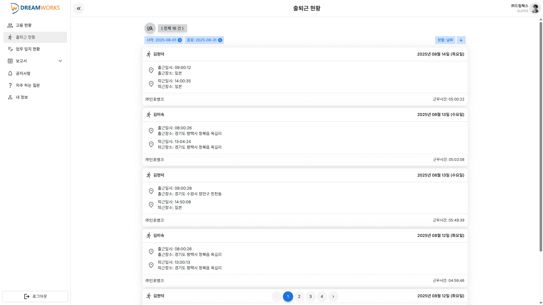출퇴근 현황 화면